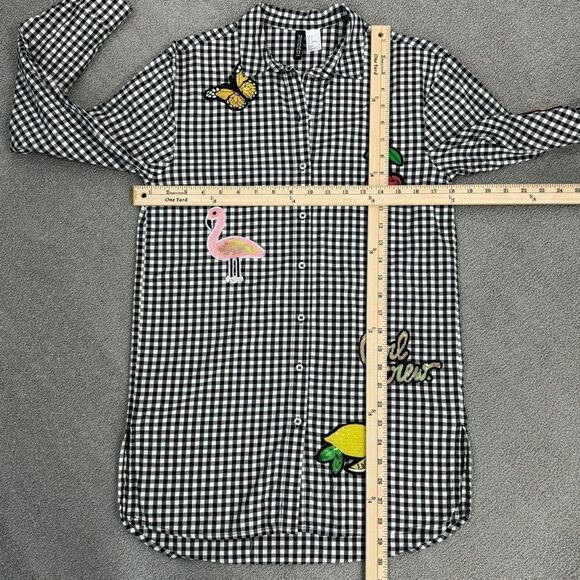 H&M Sequin Appliqué Gingham Check Button Front Shirt Black White Size 2 - Picture 14 of 15